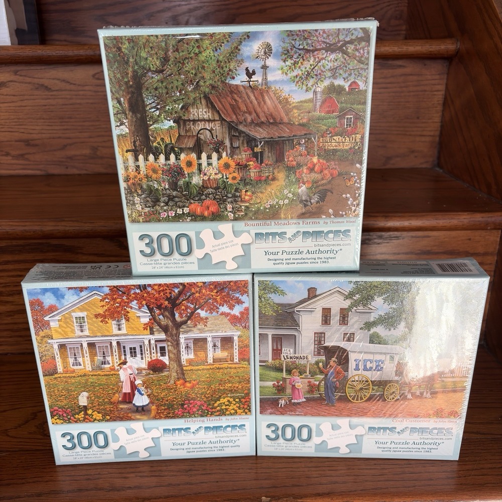 BITS AND PIECES- LOT OF 3 NEW 300 Pcs Jigsaw Puzzles Country Farm John Sloane